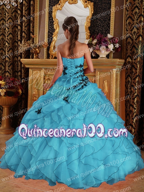 Aqua Blue Ball Gown Sweetheart Floor-length Organza Appliques Quinceanera Dress