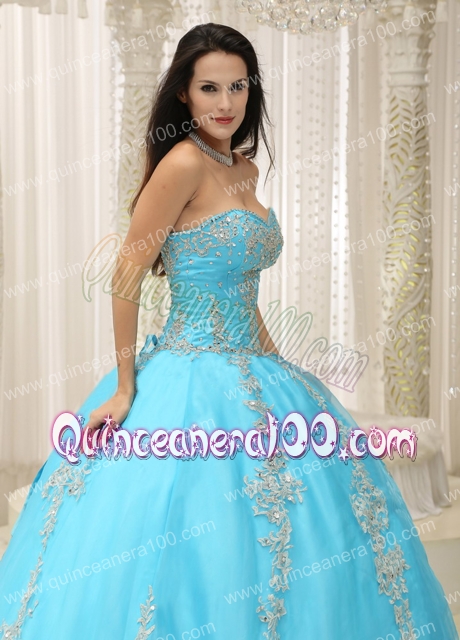 Aqua Blue Sweetheart Appliques and Beaded Decorate For 2013 Quinceanera Dress