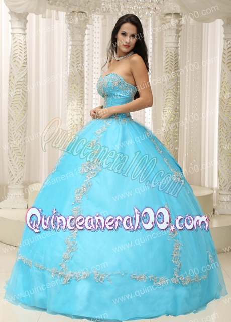 Aqua Blue Sweetheart Appliques and Beaded Decorate For 2013 Quinceanera Dress