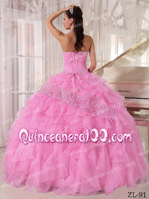 Baby Pink Ball Gown Strapless Floor-length Organza Beading Quinceanera Dress