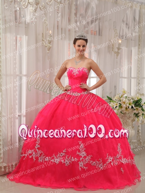 Coral Red Ball Gown Sweetheart Floor-length Taffeta and Organza Appliques Quinceanera Dres