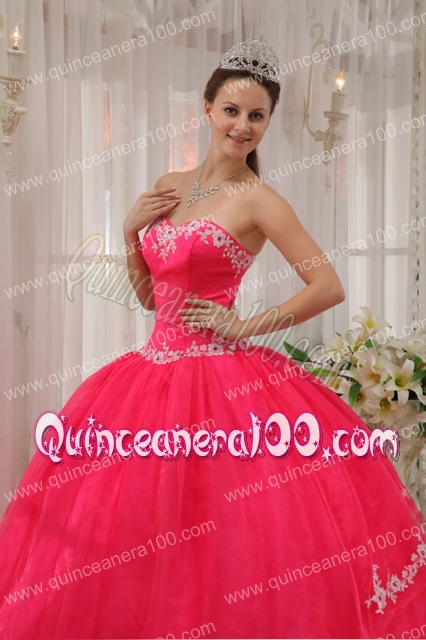 Coral Red Ball Gown Sweetheart Floor-length Taffeta and Organza Appliques Quinceanera Dres