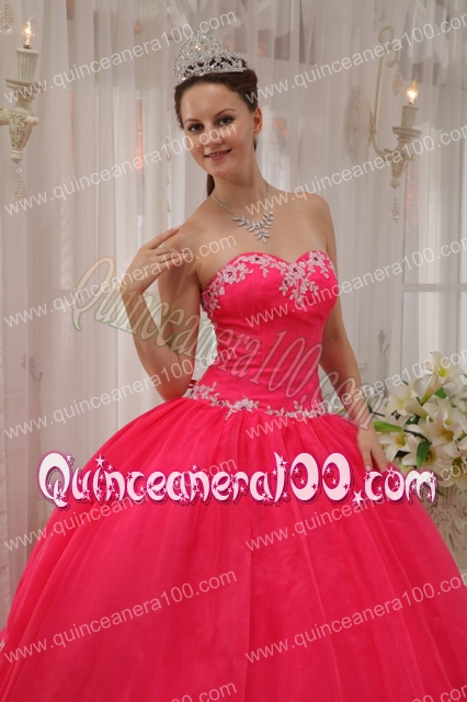 Coral Red Ball Gown Sweetheart Floor-length Taffeta and Organza Appliques Quinceanera Dres