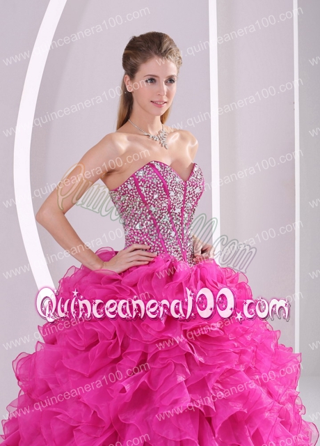 Fuchsia Ruffles Ball Gown Sweetheart Beaded Decorate Quinceanera Gowns in Sweet 16