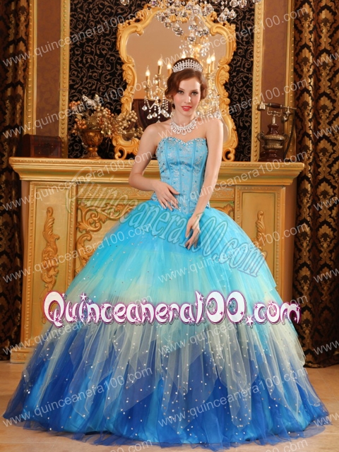 Gorgeous Ball Gown Sweetheart Floor-length Beading Satin and Organza Blue Quinceanera Dres