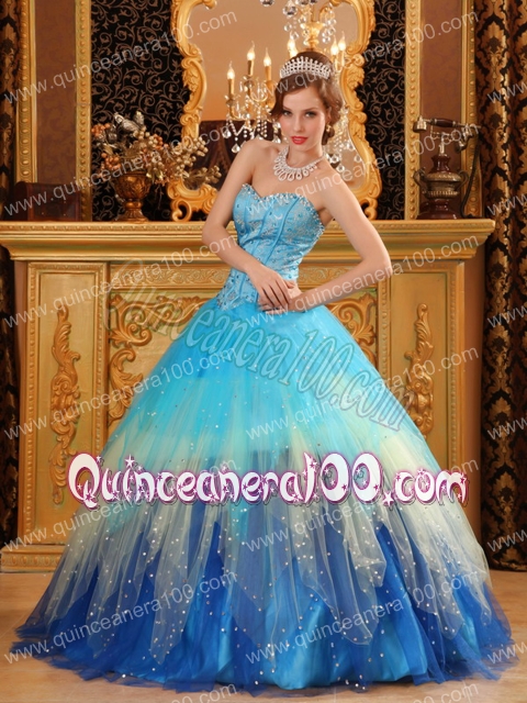 Gorgeous Ball Gown Sweetheart Floor-length Beading Satin and Organza Blue Quinceanera Dres