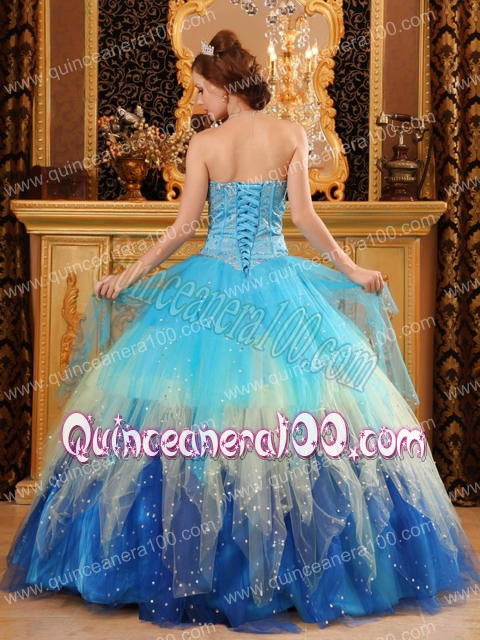 Gorgeous Ball Gown Sweetheart Floor-length Beading Satin and Organza Blue Quinceanera Dres