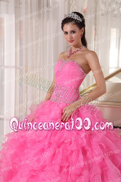 Hot Pink Ball Gown Strapless Floor-length Organza Beading Quinceanera Dress