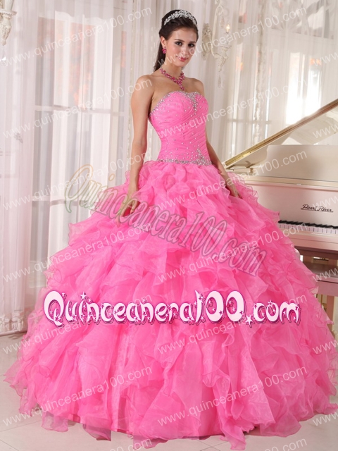 Hot Pink Ball Gown Strapless Floor-length Organza Beading Quinceanera Dress