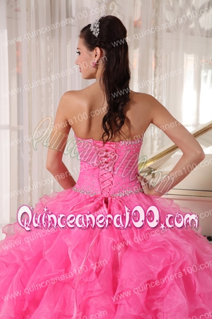 Hot Pink Ball Gown Strapless Floor-length Organza Beading Quinceanera Dress