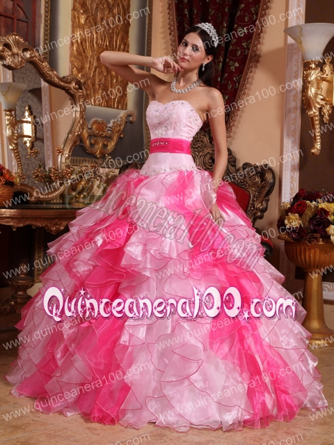 Multi-colored Ball Gown Sweetheart Organza Beading and Ruching Quinceanera Dress