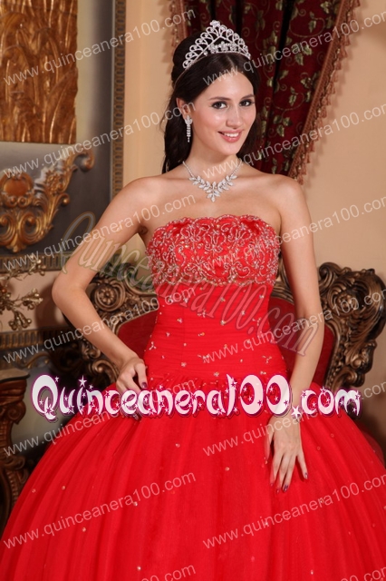 Red Ball Gown Strapless Floor-length Tulle Beading Quinceanera Dress