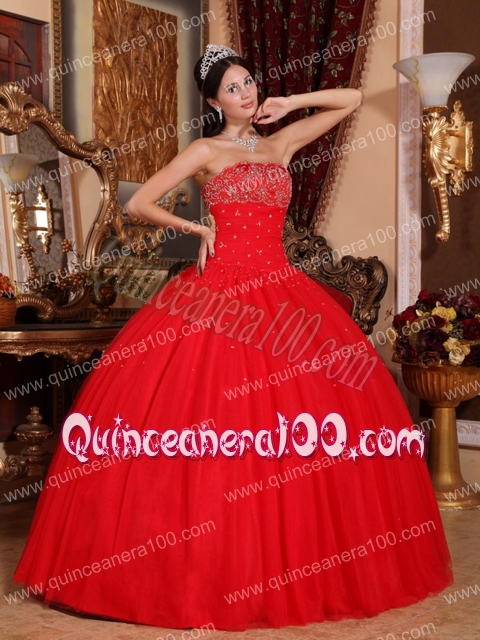 Red Ball Gown Strapless Floor-length Tulle Beading Quinceanera Dress