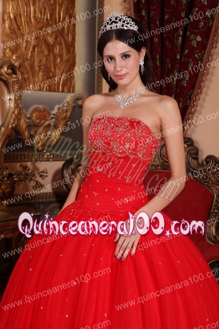 Red Ball Gown Strapless Floor-length Tulle Beading Quinceanera Dress