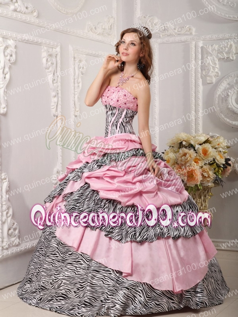 Romantic Ball Gown Strapless Floor-length Taffeta and Zara Beading Pink Quinceanera Dress