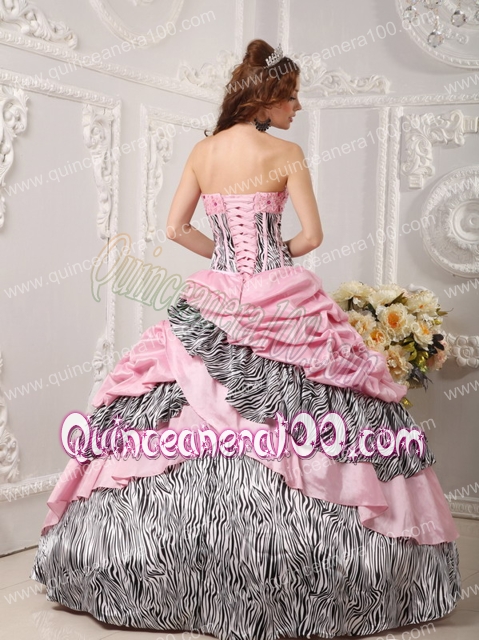 Romantic Ball Gown Strapless Floor-length Taffeta and Zara Beading Pink Quinceanera Dress