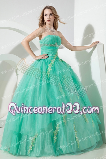 Turquoise Ball Gown Strapless Floor-length Organza Beading and Embroidery Quinceanera Dres