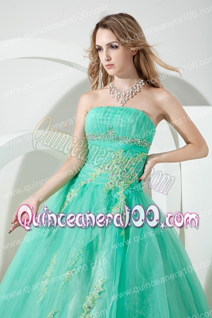 Turquoise Ball Gown Strapless Floor-length Organza Beading and Embroidery Quinceanera Dres