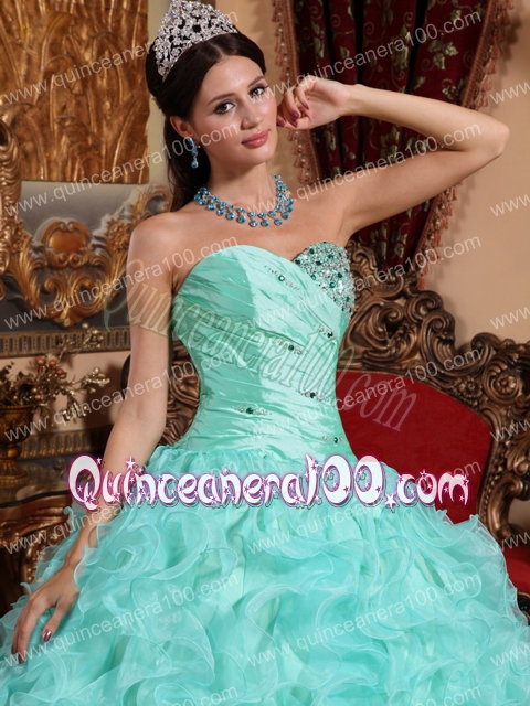 Apple Green Ball Gown Sweetheart Organza Beading and Ruffles Quinceanera Dress