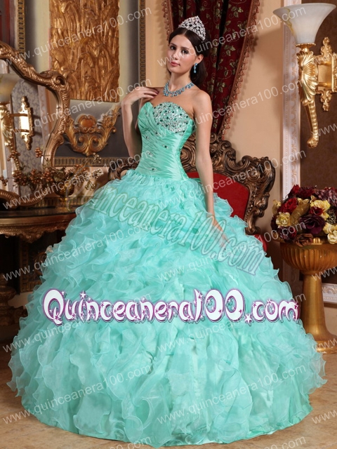 Apple Green Ball Gown Sweetheart Organza Beading and Ruffles Quinceanera Dress