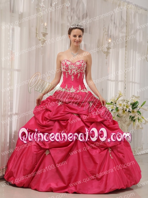 Coral Red Ball Gown Sweetheart Floor-length Taffeta Appliques Quinceanera Dress