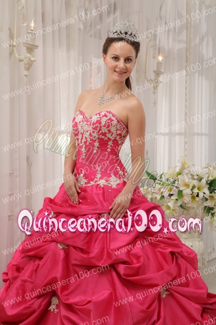 Coral Red Ball Gown Sweetheart Floor-length Taffeta Appliques Quinceanera Dress