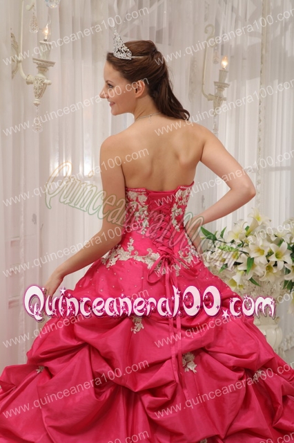 Coral Red Ball Gown Sweetheart Floor-length Taffeta Appliques Quinceanera Dress