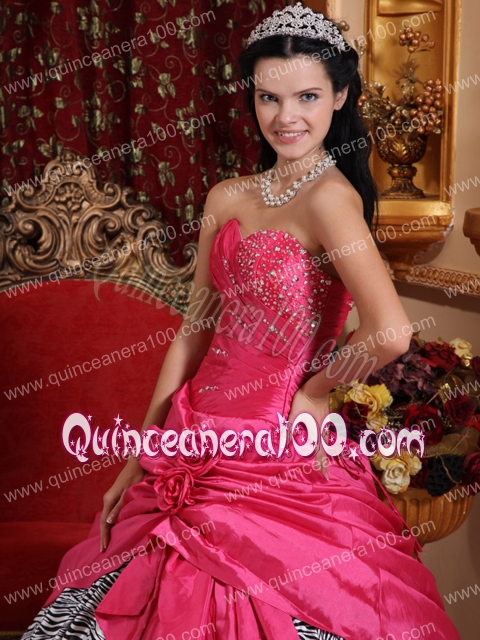 Hot Pink Ball Gown Sweetheart Floor-length Taffeta and Zebra Beading Quinceanera Dress