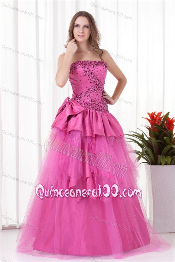 A-line Strapless Beading and Bowknot Quinceanera Dress in Hot Pink