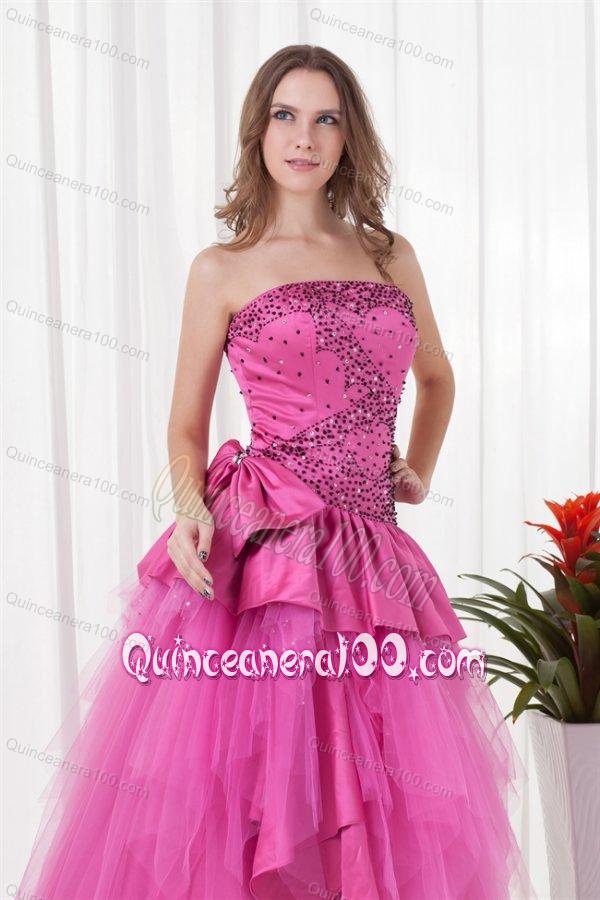 A-line Strapless Beading and Bowknot Quinceanera Dress in Hot Pink