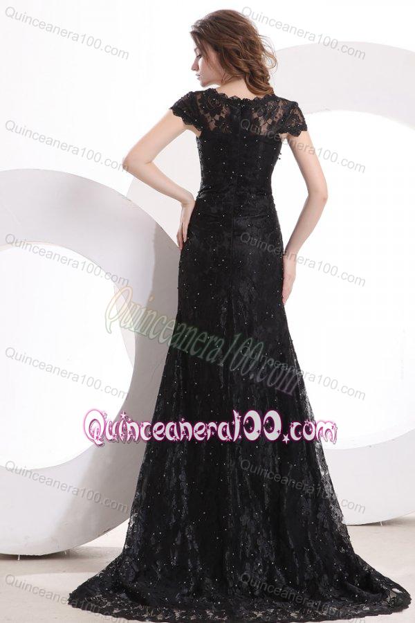 2014 Exquisite V-Neck Brush Train Black Mother of the Dresses