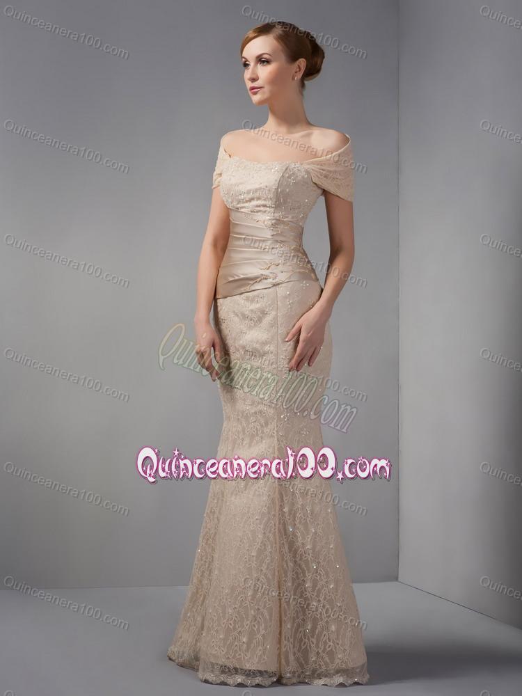 2014 Unique Off The Shoulder Champagne Mother of the Dress with Beading and Lace