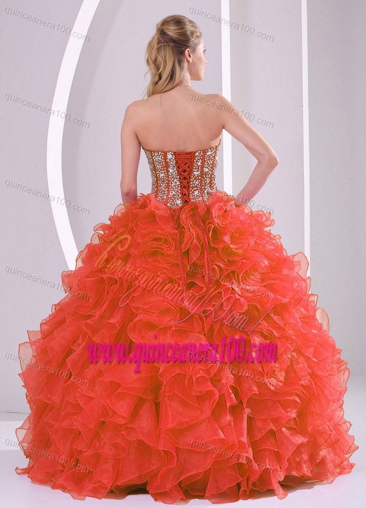 Ball Gown Sweetheart Ruffles and Beaded Decorate Coral Red Quinceanera Gowns