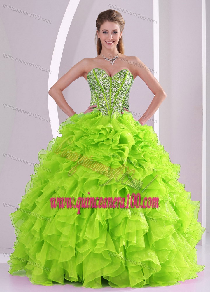 Best Seller Spring Green Sweetheart Ruffles and Beading 2014 Quinceanera Dresses