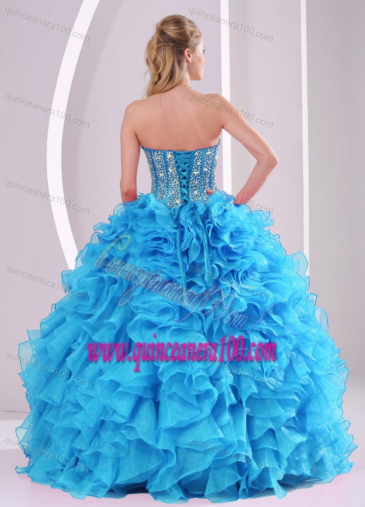 Blue Sweetheart Organza 2014 Quinceanera Gowns with Fitted Waist