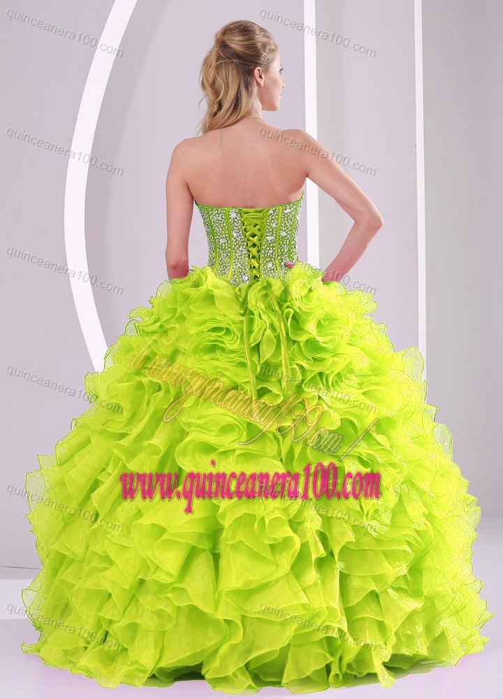 Cute Ball Gown Ruffles and Beading 2013 Fall Quinceanera Gowns in Yellow Green