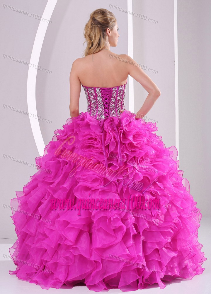 Pretty Sweetheart Ruffles and Beaded Decorate 2014 Fuchsia Quinceanera Gowns