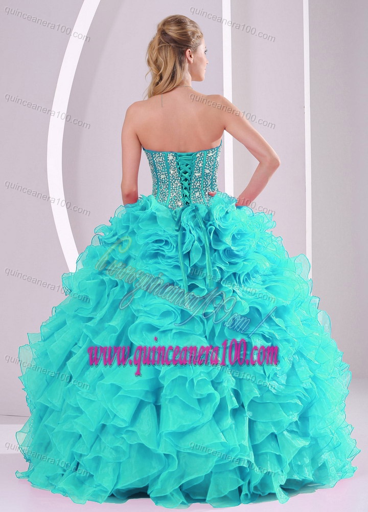 Elegant Aqua Blue Ball Gown Sweetheart Ruffles and Beaded Decorate Quinceanera Gowns in Sw