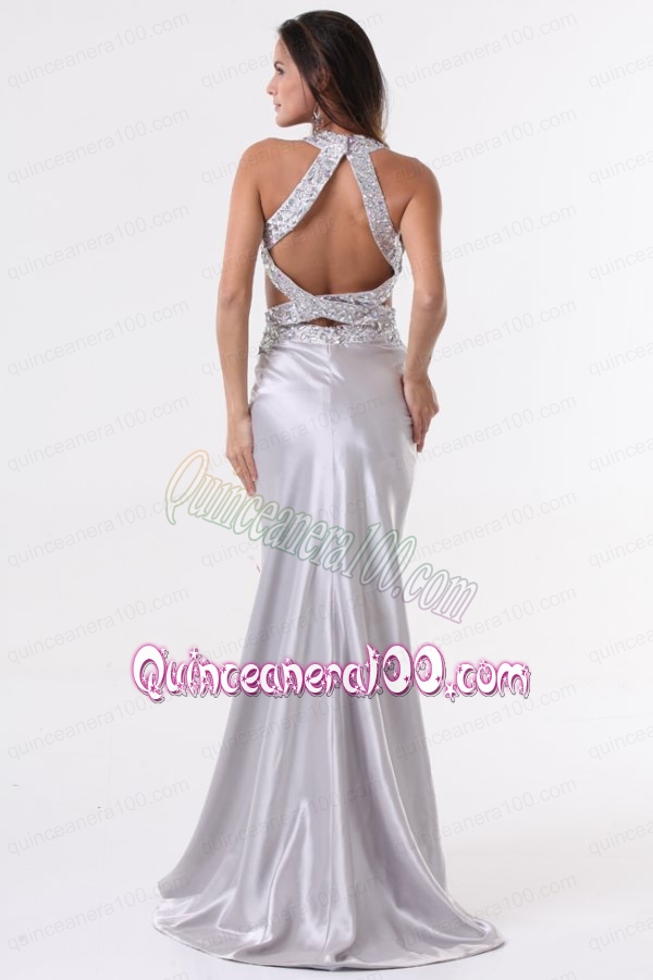 Brush Train Silver Column Halter Top Mother of the Dress with Beading