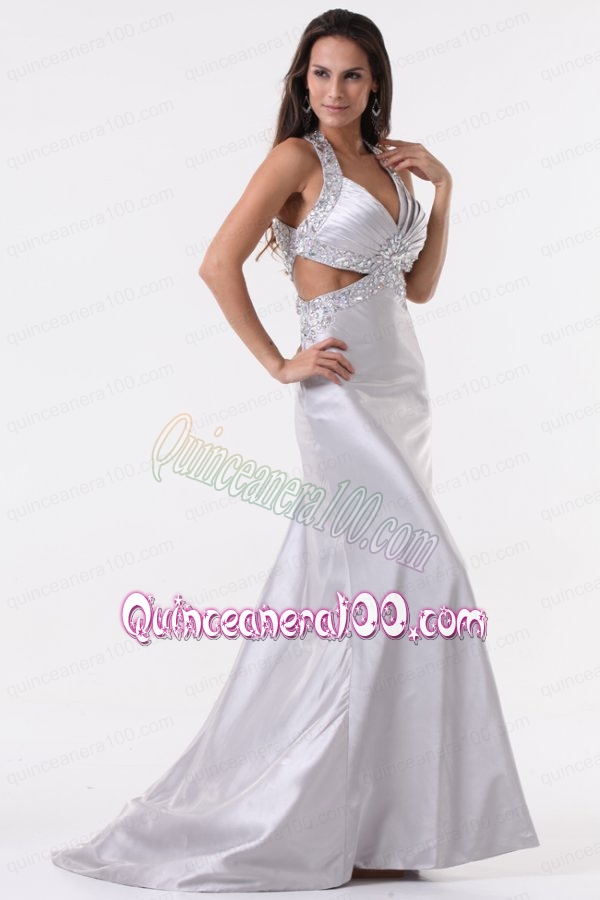 Brush Train Silver Column Halter Top Mother of the Dress with Beading