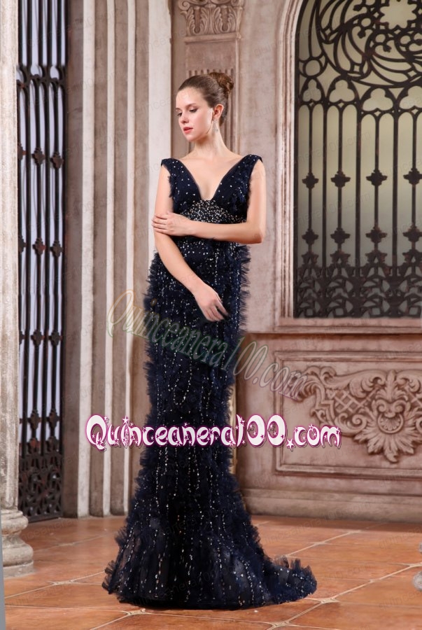 Column V-neck Navy Blue Brush Train Sequins Beading Mother of the Dress