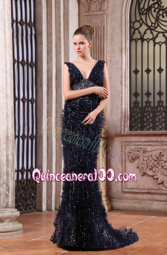 Column V-neck Navy Blue Brush Train Sequins Beading Mother of the Dress