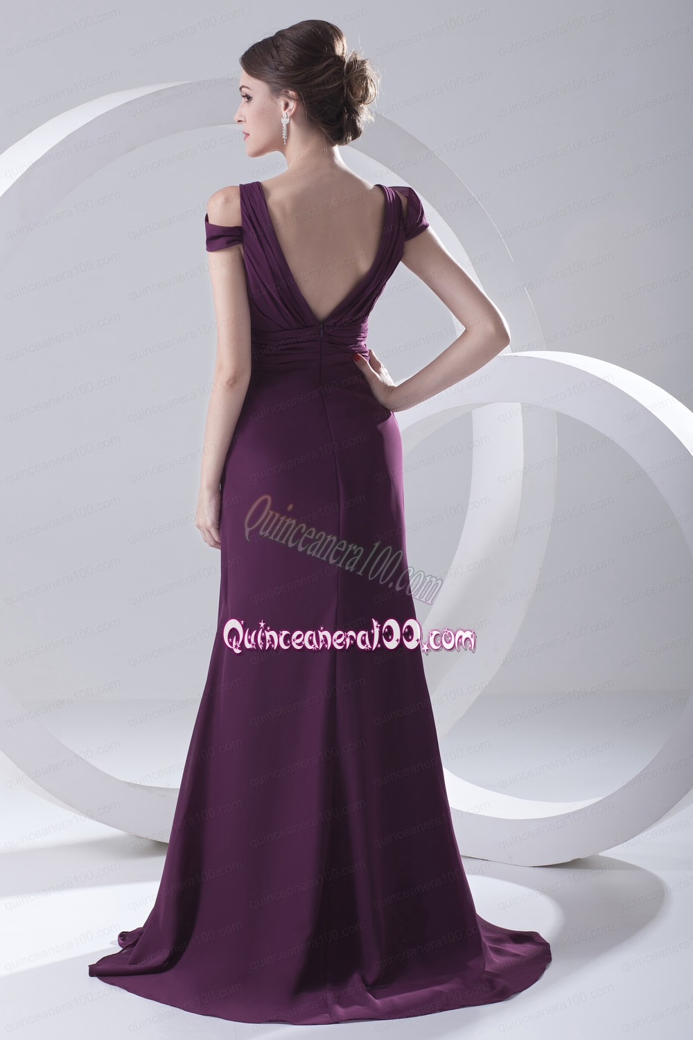 Empire Purple Ruching Straps Cap Sleeves Mother of the Dress