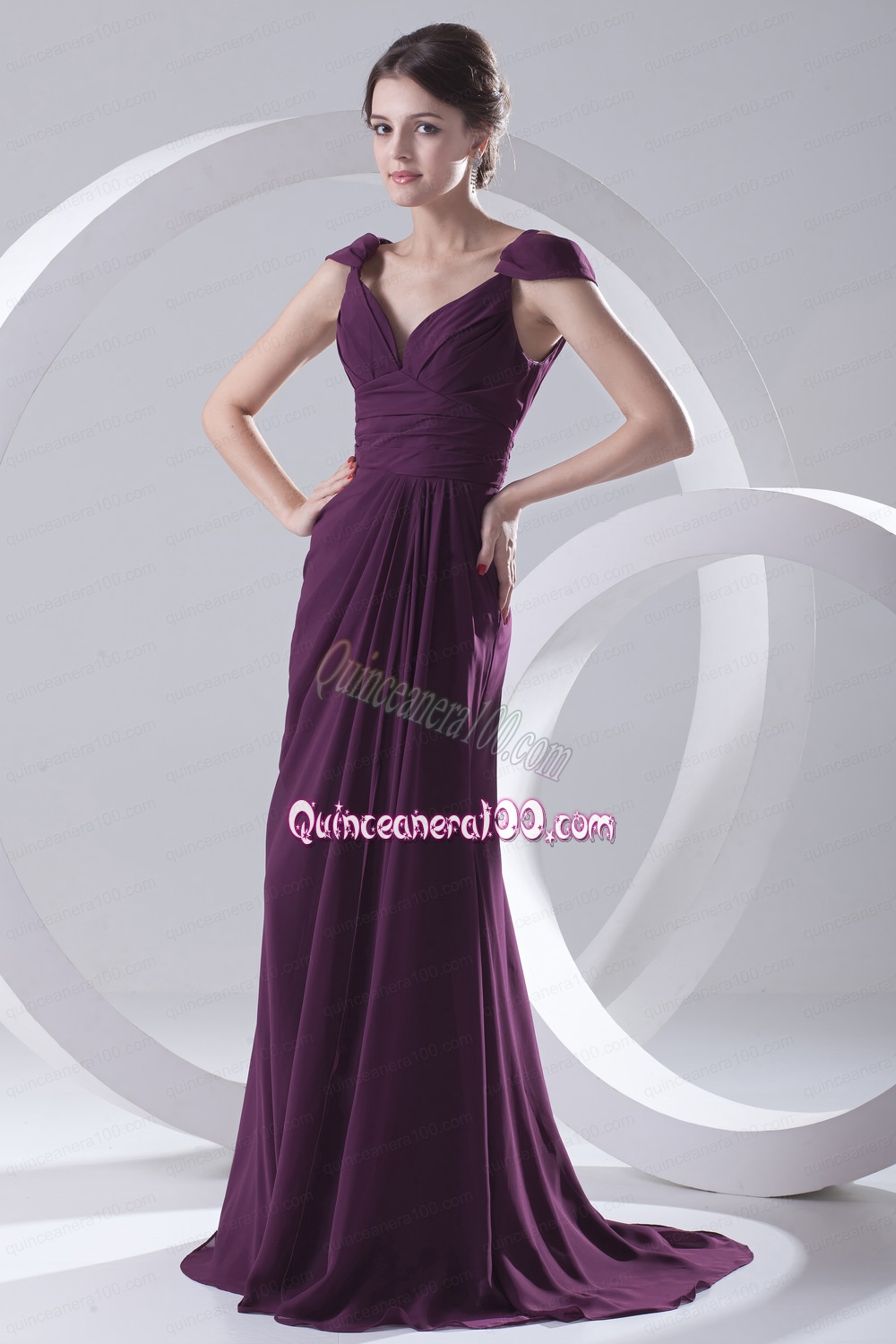 Empire Purple Ruching Straps Cap Sleeves Mother of the Dress