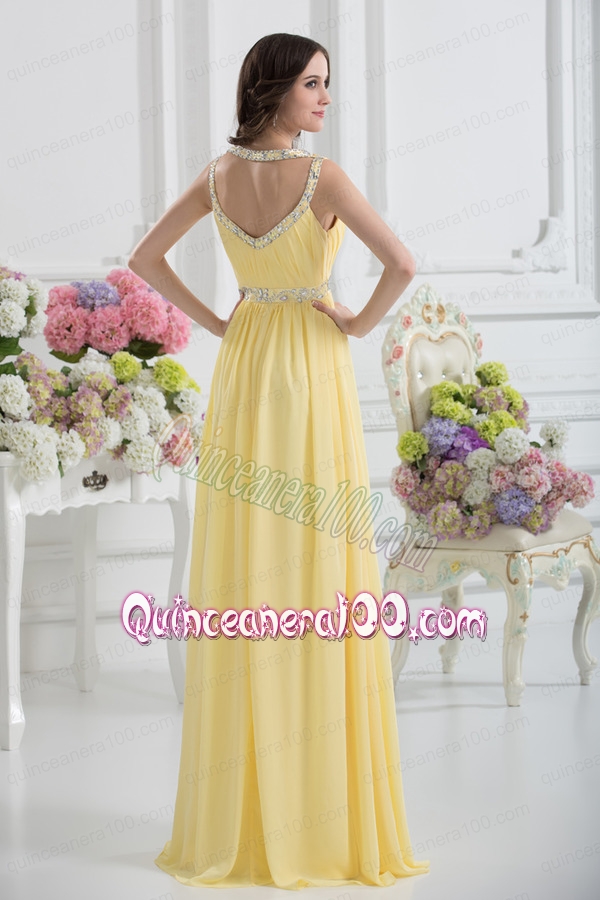 Empire Scoop Beading Ruching Light Yellow Mother of the Dress