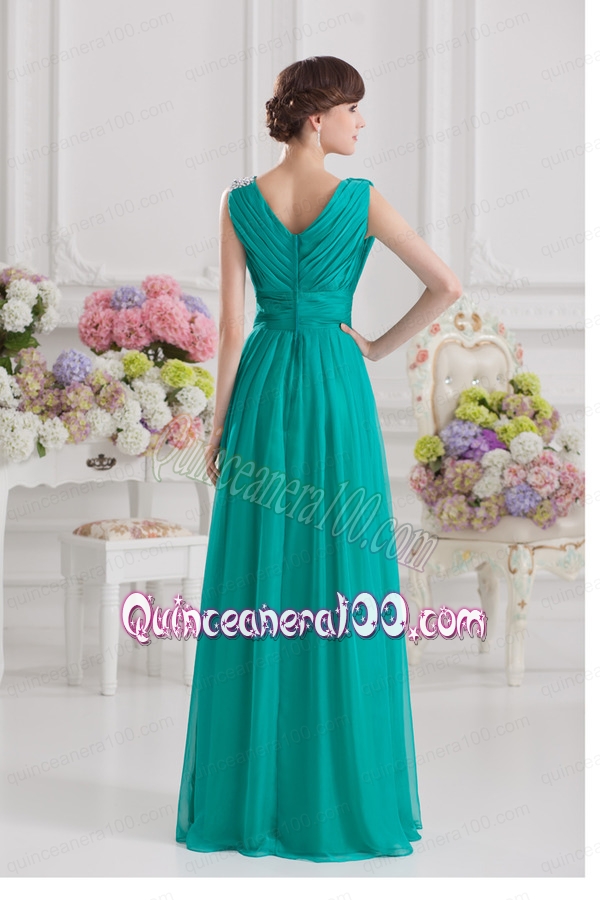 V-neck Empire Turquoise Chiffon Mother of the Dress with Ruching and Beading