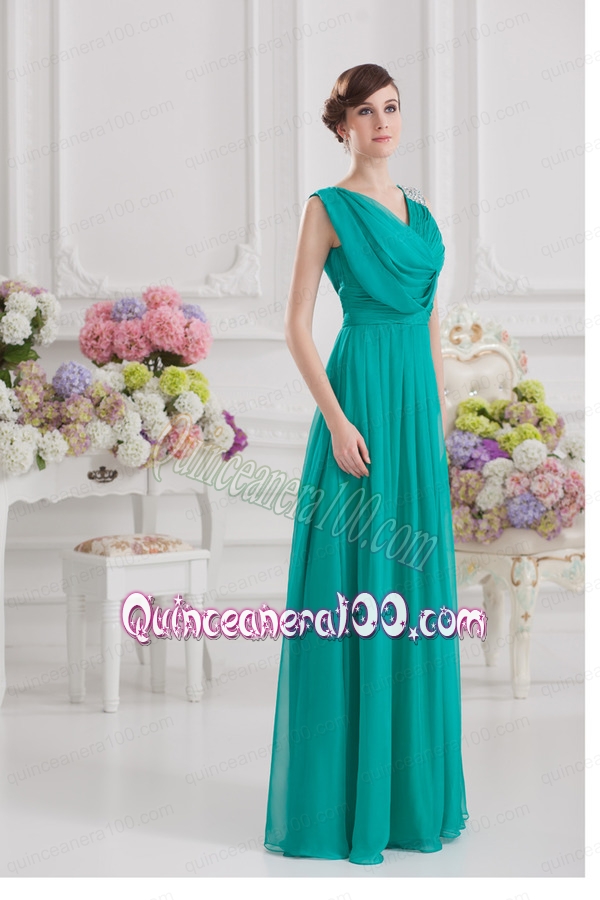 V-neck Empire Turquoise Chiffon Mother of the Dress with Ruching and Beading