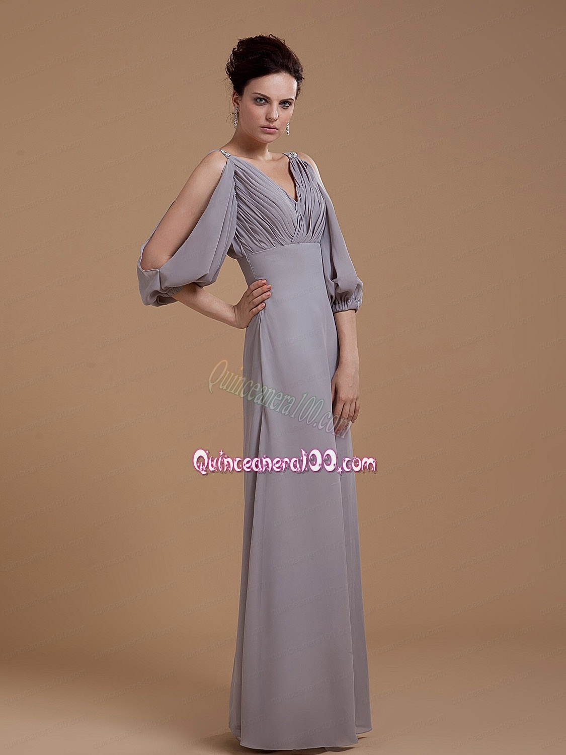 Grey Mother of the Dress With V Neck 3/4 Length Sleeves Floo Length