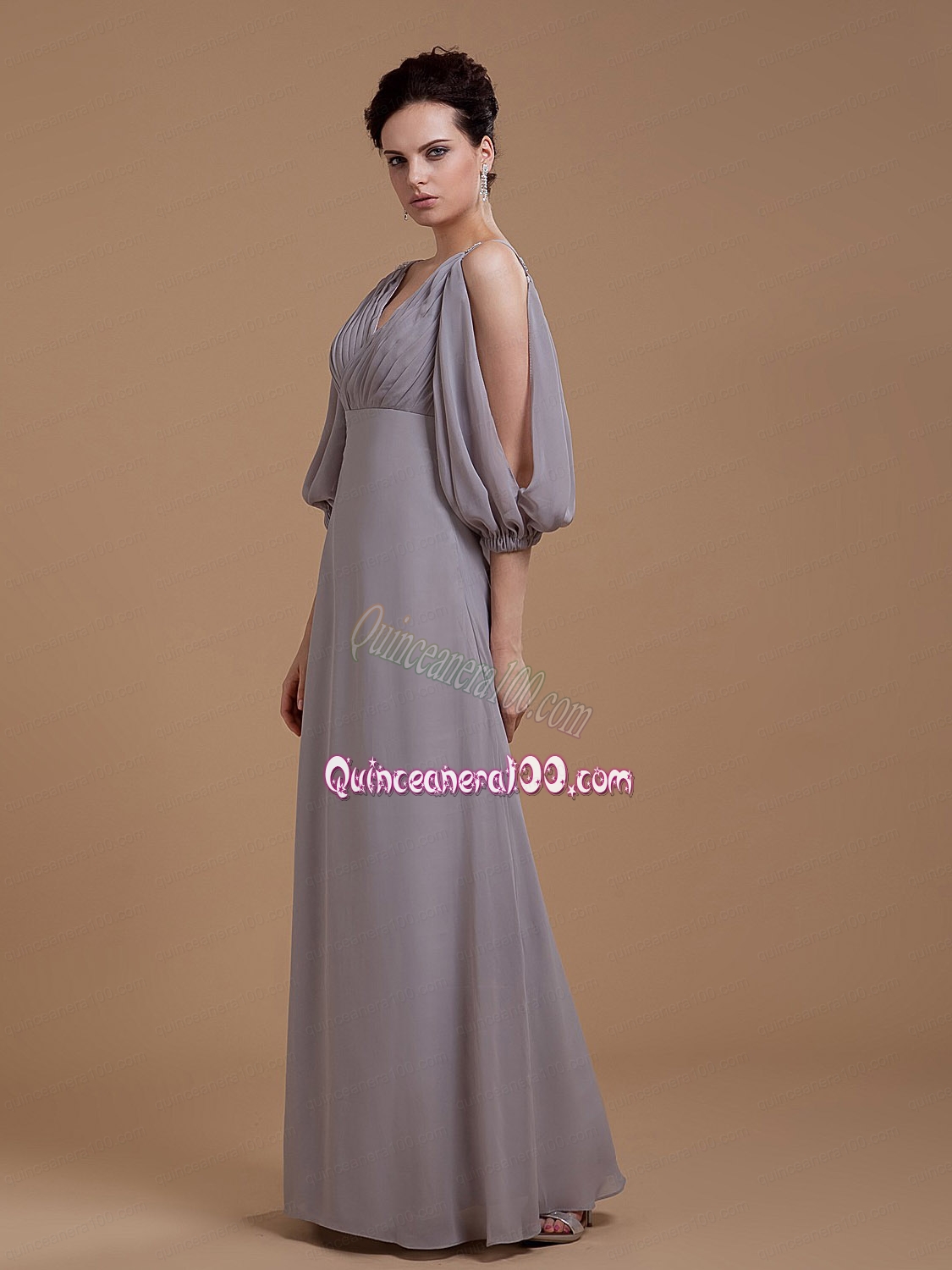 Grey Mother of the Dress With V Neck 3/4 Length Sleeves Floo Length