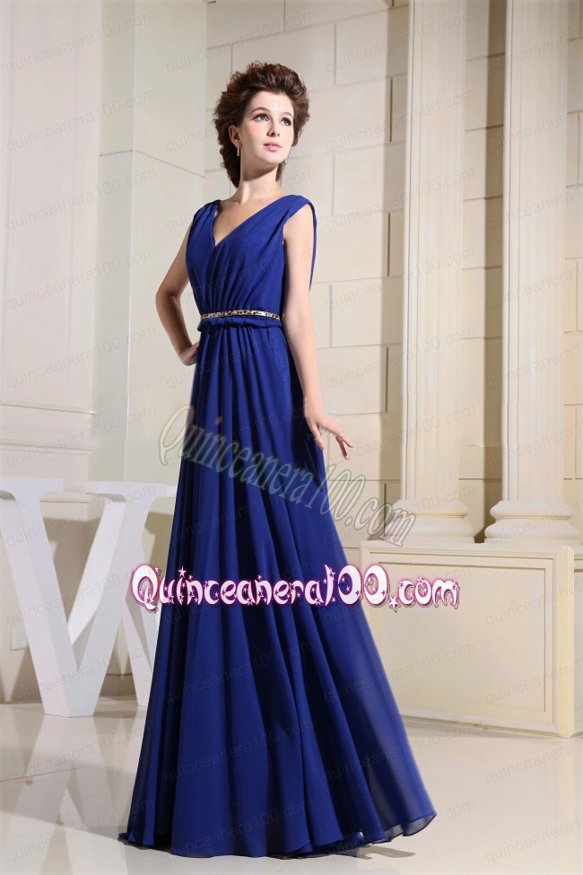 Royal Blue Mother of the Dress With V-neck Chiffon